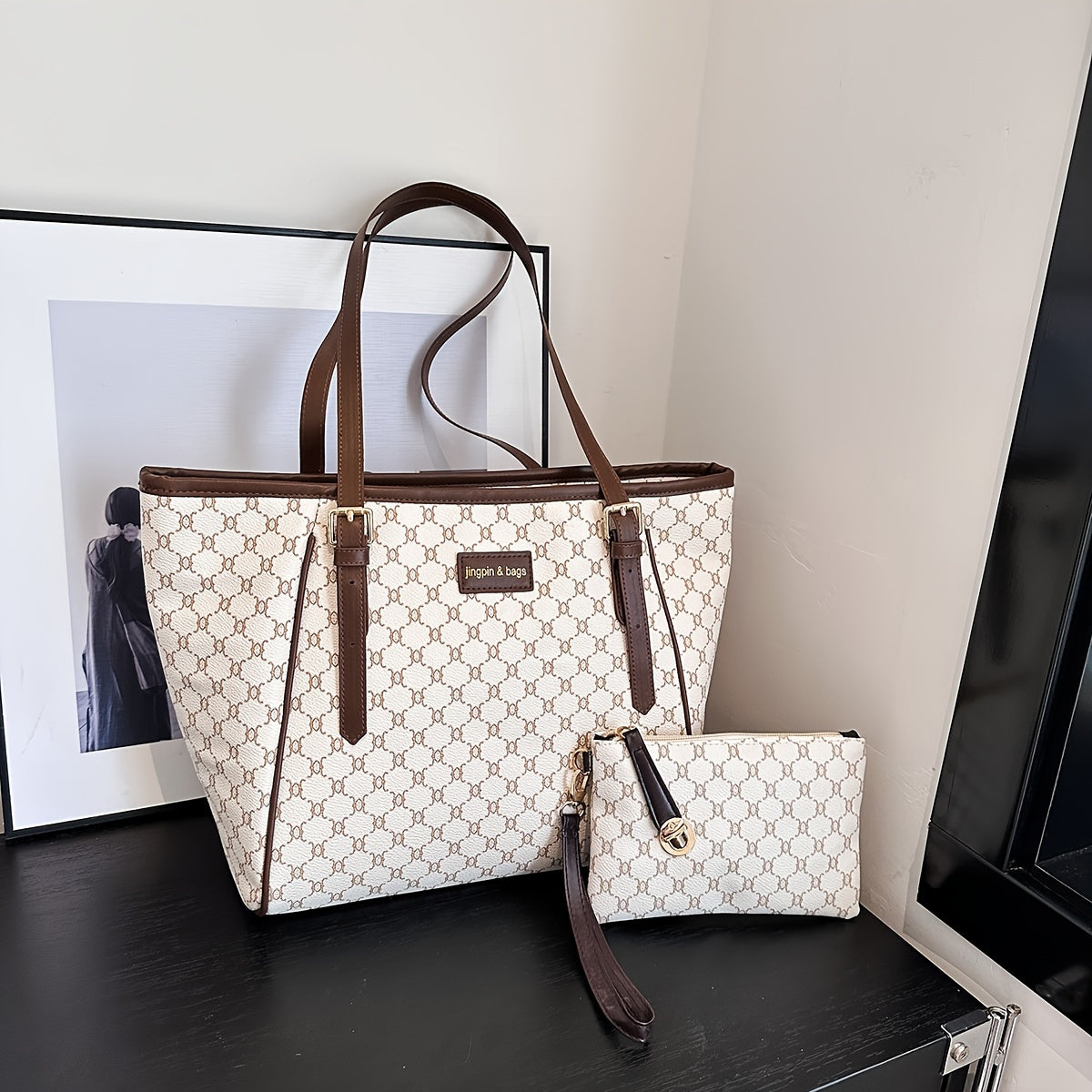 Classic Minimalist Tote Bag Set : Textured Trendy Tote Shoulder Bag With Geometric Pattern With Clutch Mini Pouch For Women's Daily Commuting