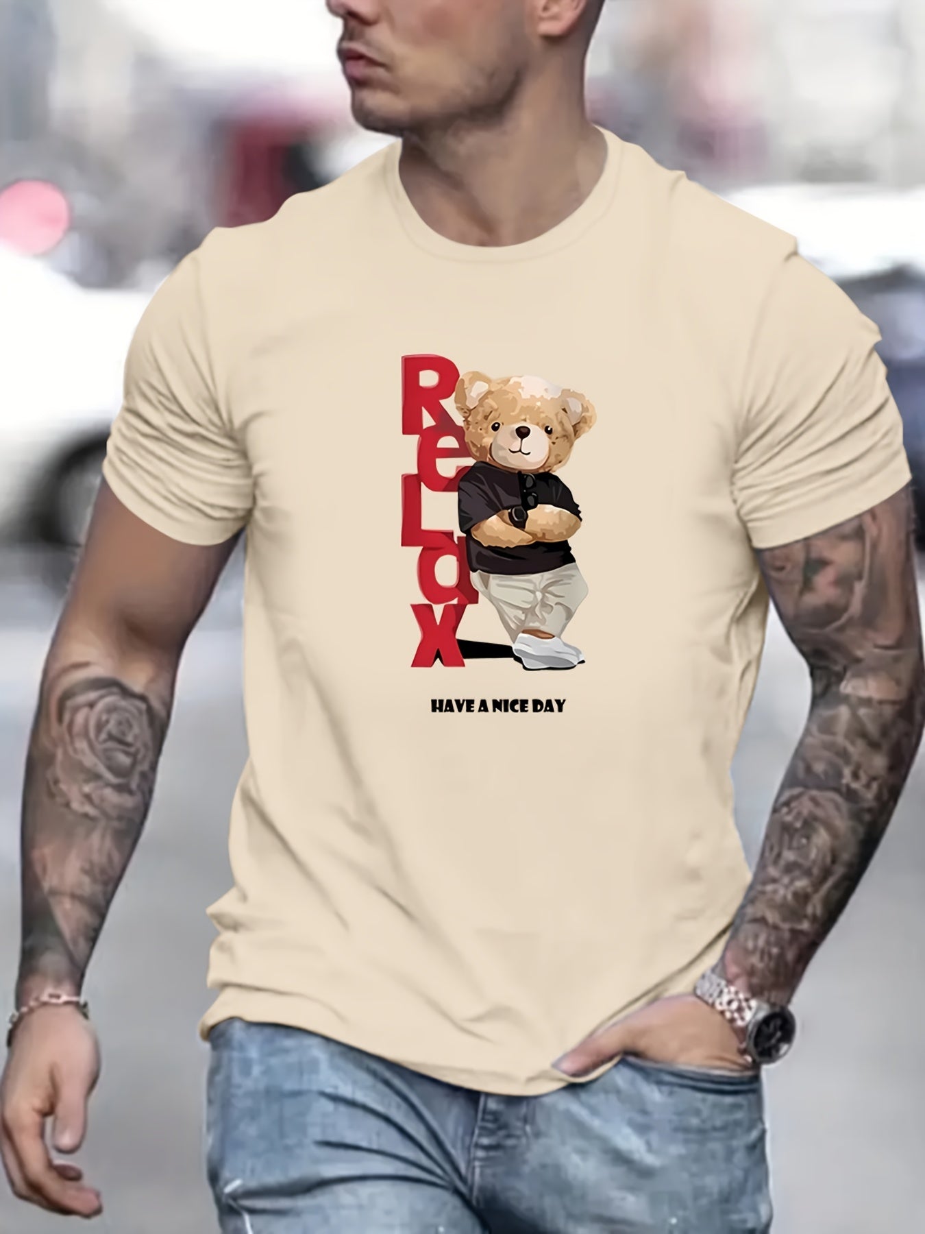 Trendy Bear Pattern Print Men's Comfy Chic T-shirt, Graphic Tee Men's Summer Outdoor Clothes, Men's Clothing, Tops For Men, Gift For Men