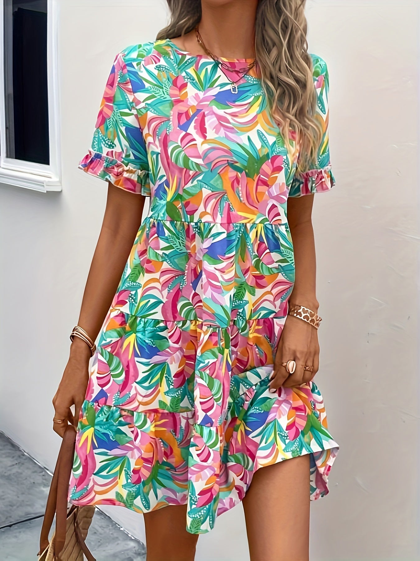 Vacation Style Floral Print V Neck Dress, Casual Short Sleeve Dress For Spring & Summer, Women's Clothing