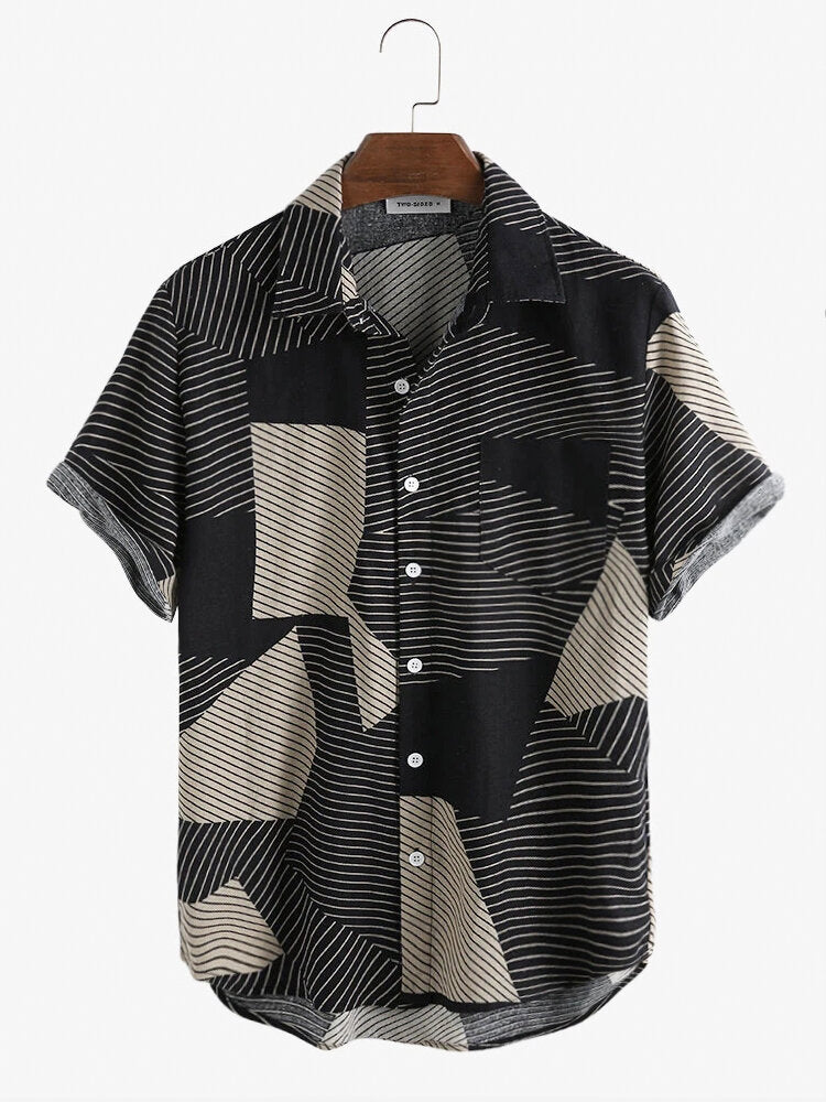 Mens Fashion Color Block Stripe Short Sleeve Casual Shirts