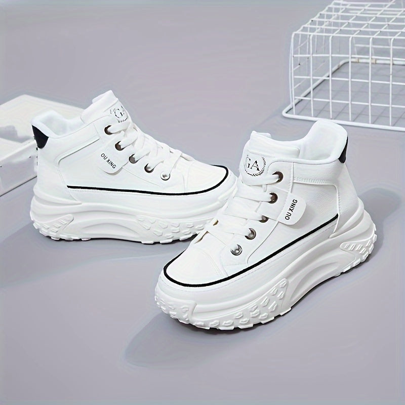 Women's Platform Sneakers, Fashion Round Toe Lace Up High Top Trainers, Comfy Soft Sole Walking Shoes