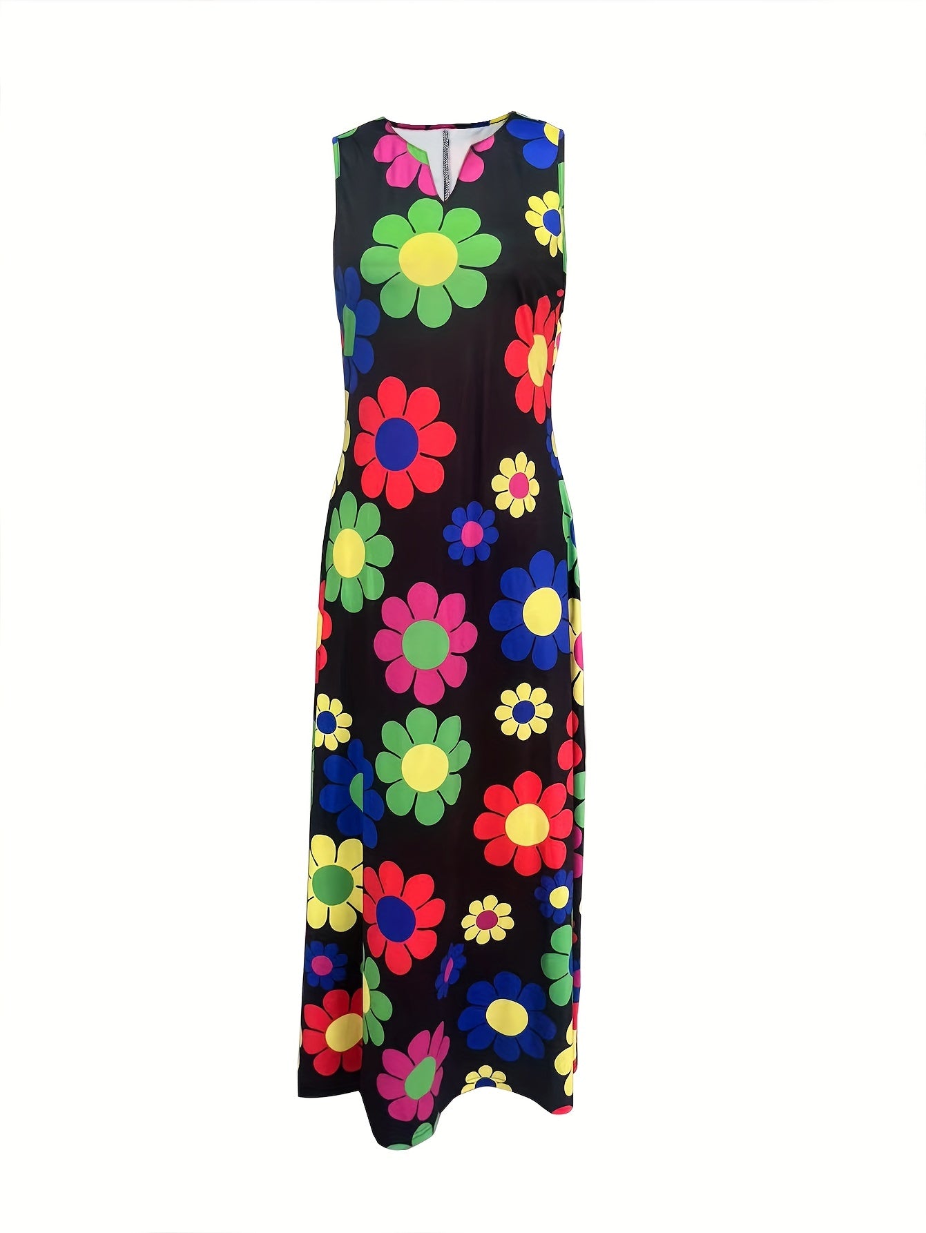 Floral Print Notched Neck Dress, Casual Sleeveless Maxi Dress, Women's Clothing