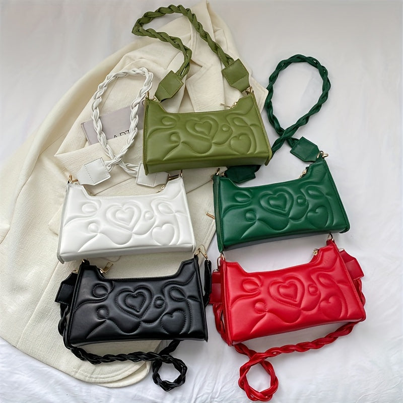 Heart Embroidery Shoulder Bag, Fashion Pleated Underarm Purse, Women's Zipper Handbag With Braided Strap Valentine's Day gift