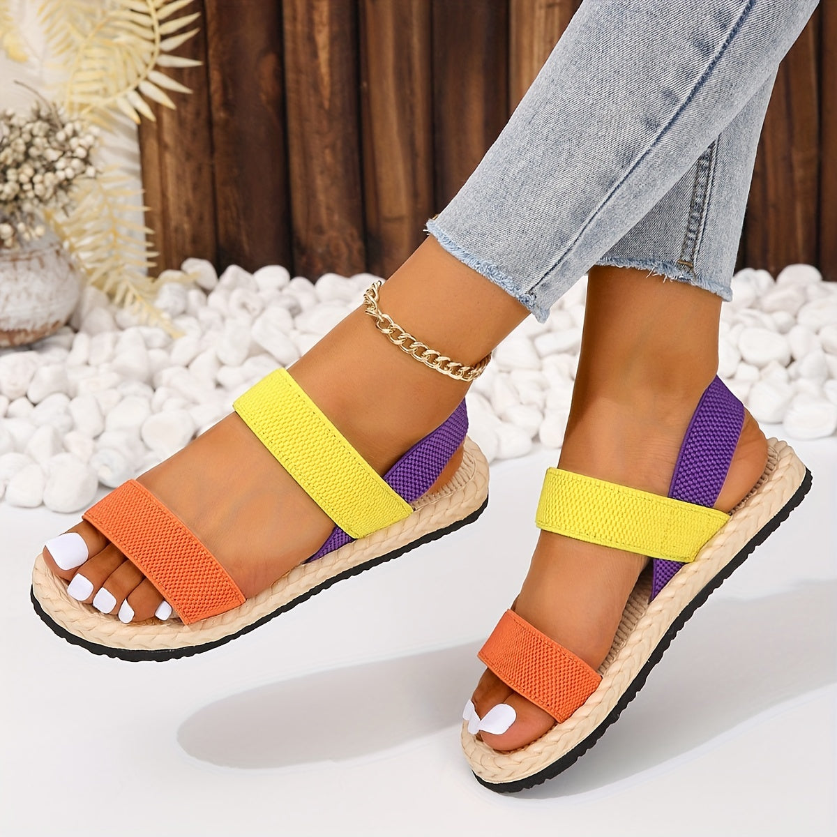 Women's Colorblock Flat Sandals, Open Toe Elastic Strap Slip On Summer Shoes, Imitation Espadrille Sole Beach Sandals in holiday