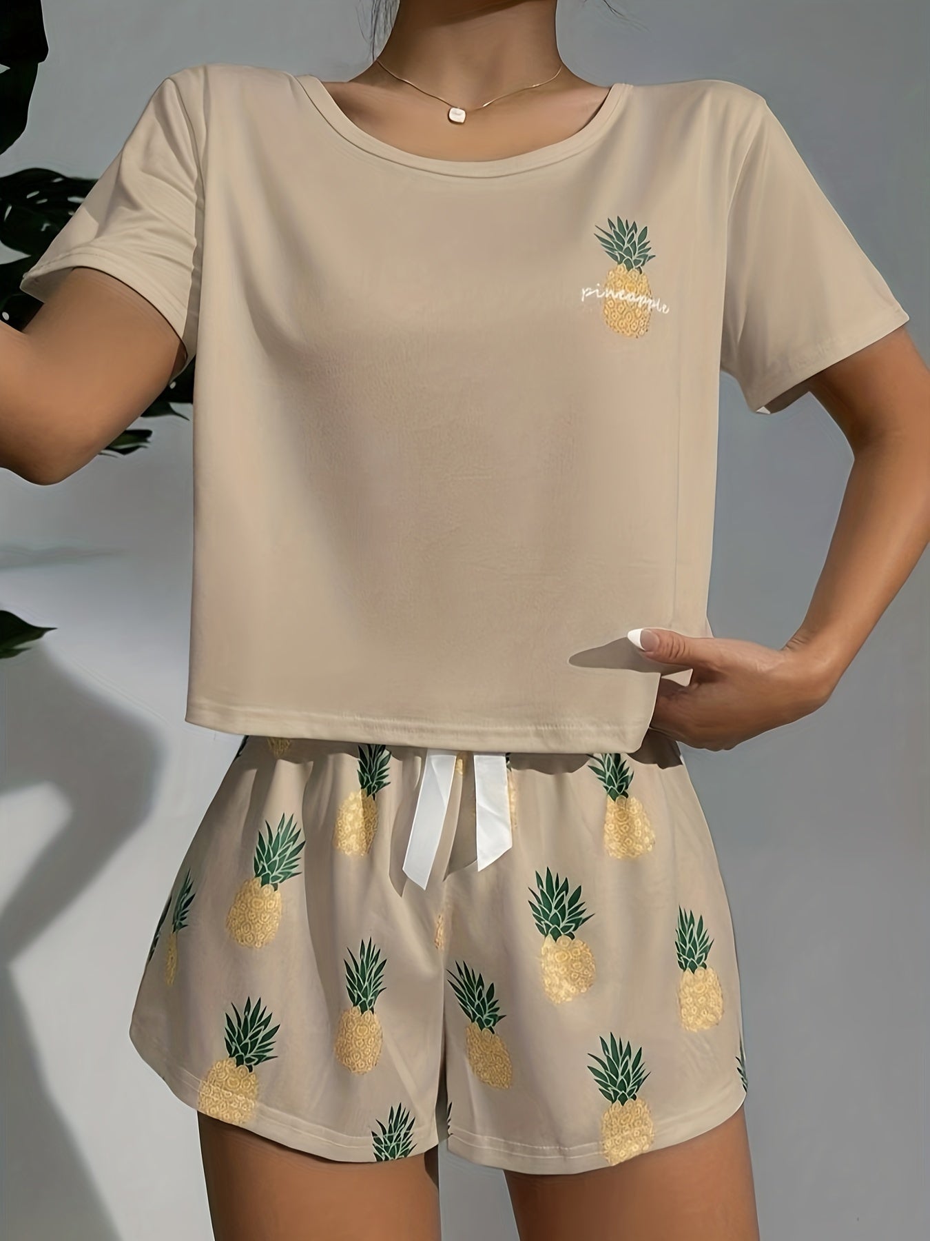 Pineapple Print Casual Two-piece Set, Crew Neck Short Sleeve Top & Shorts Outfits, Women's Clothing