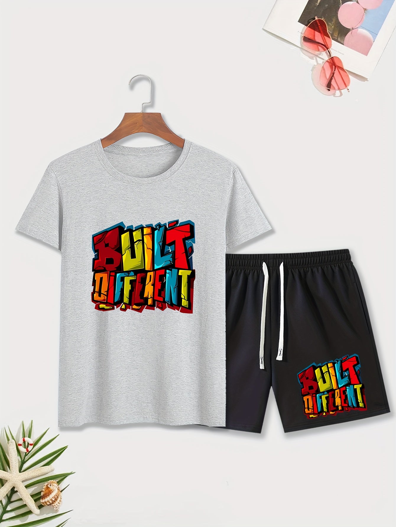 2Pcs Letter Pattern Print Short Sleeve Round Neck T-shirt & Jogger Shorts Set, Comfy Outfits For Men, Sports Summer Clothes