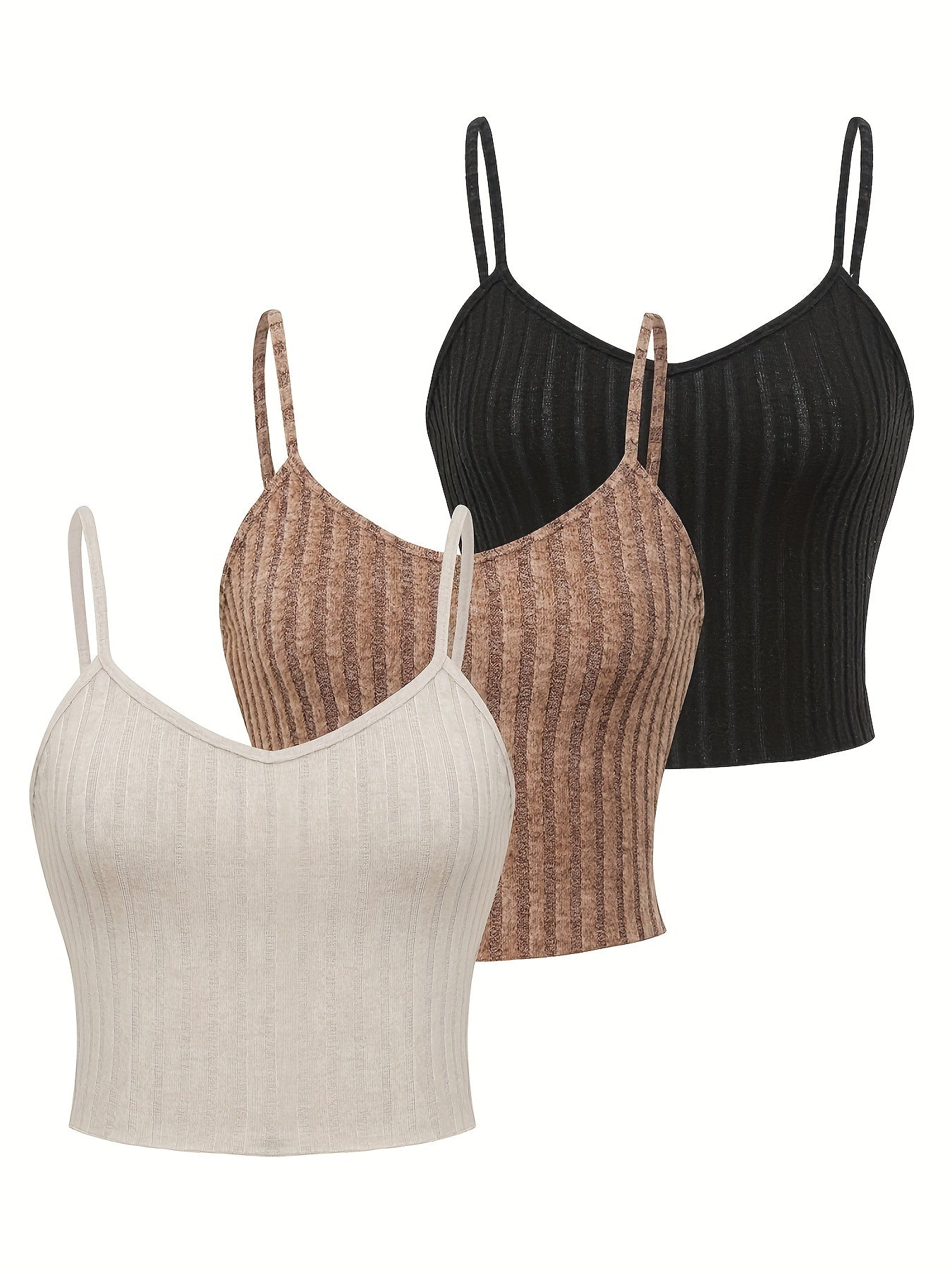 Ribbed Knit Cami Top 3 Packs, Casual Sleeveless V Neck Crop Strap Top For Summer, Women's Clothing