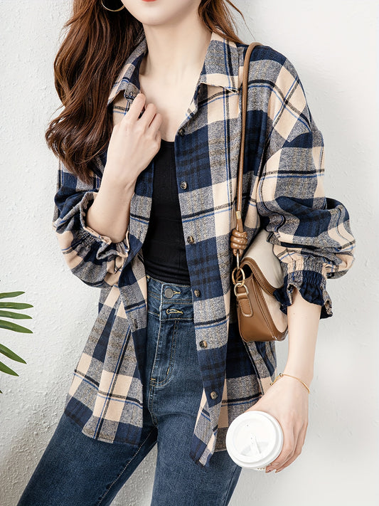 Plaid Print Button Front Blouse, Casual Long Sleeve Blouse For Spring & Fall, Women's Clothing