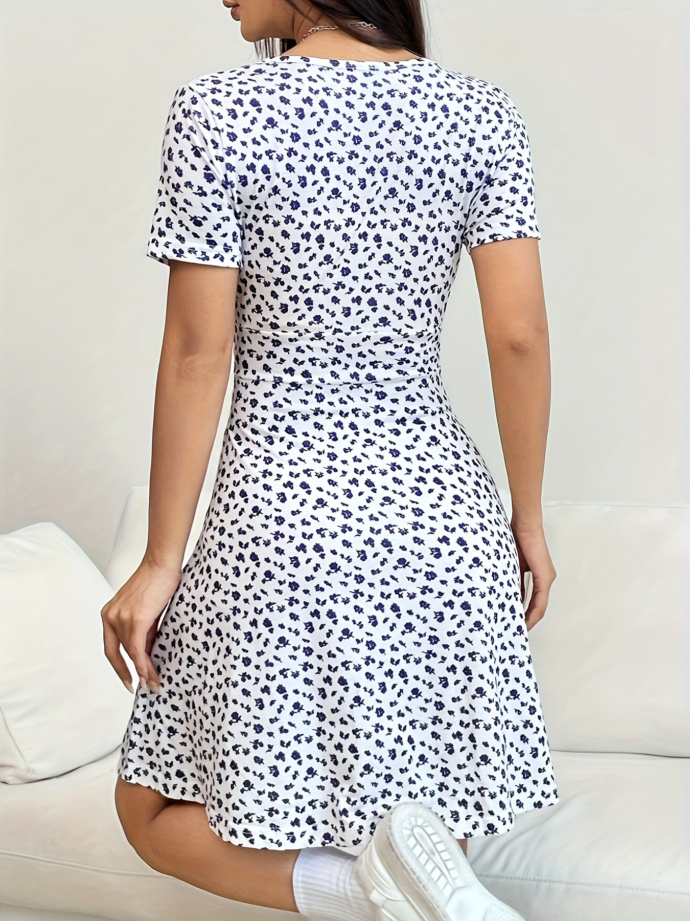 Allover Print V Neck Dress, Elegant Short Sleeve Dress For Spring & Summer, Women's Clothing