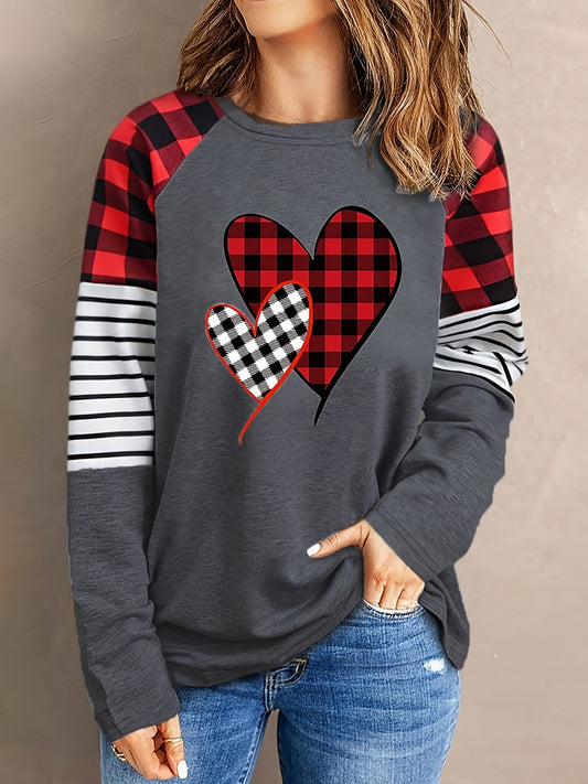 Felpa con stampa a cuori di Stripe & Plaid, felpa casual a maniche lunghe per primavera e autunno, abbigliamento da donna, San Valentino