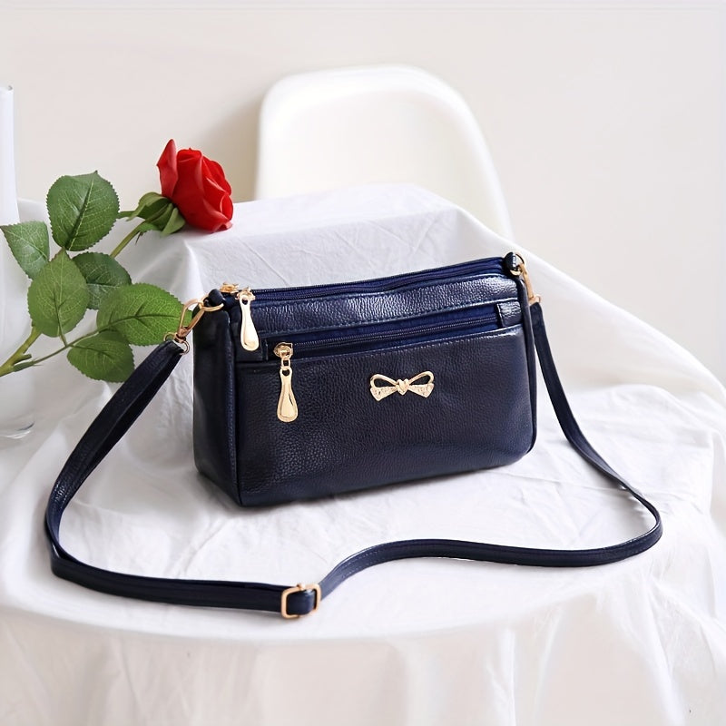 Stylish Cute Crossbody Bag, Solid Color Casual Simple PU Leather Shoulder Bag With Bow Decor, Women's Simple Versatile Handbag & Purse