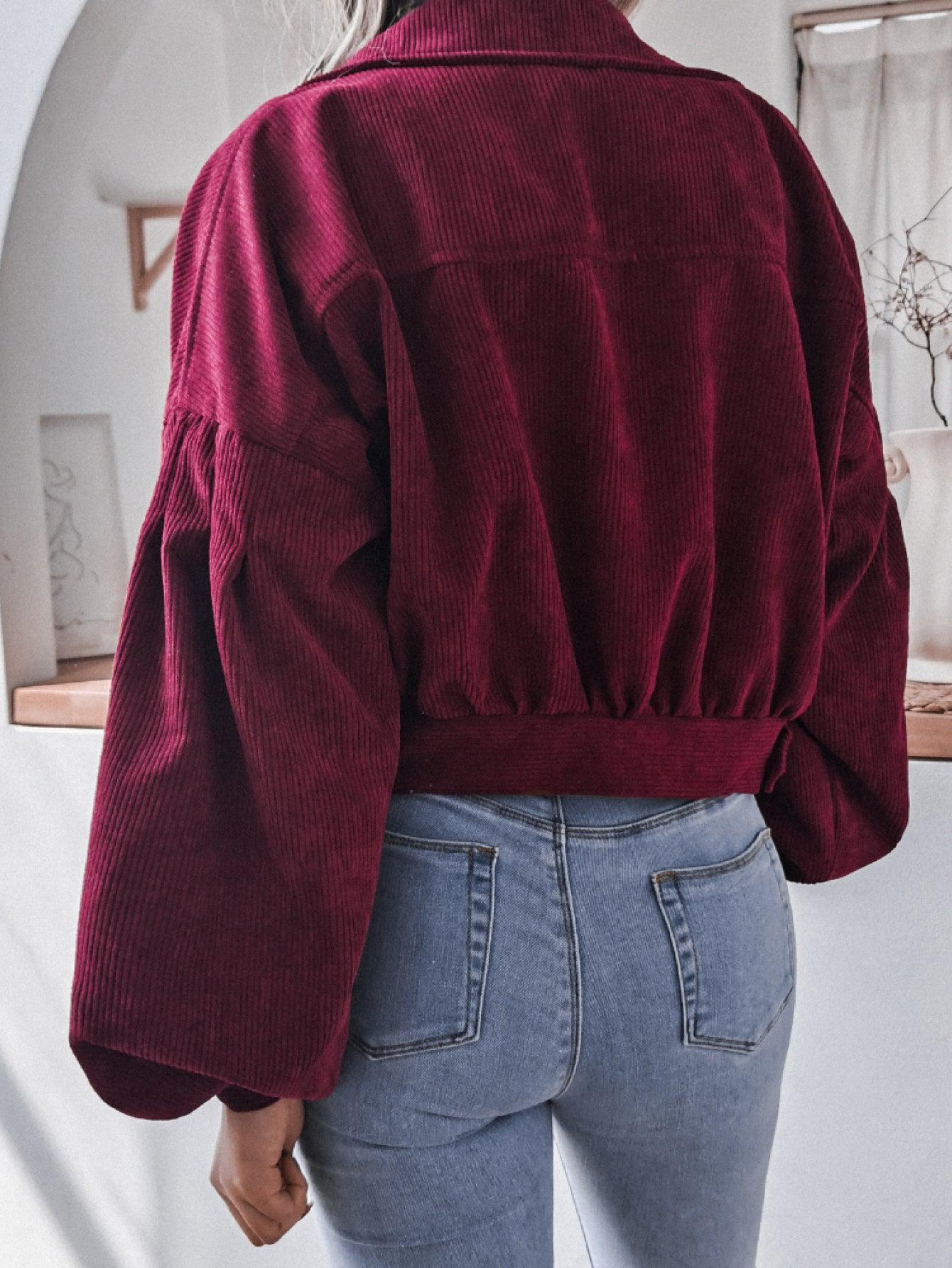 Lantern Sleeve Cropped Corduroy Jacket For Women