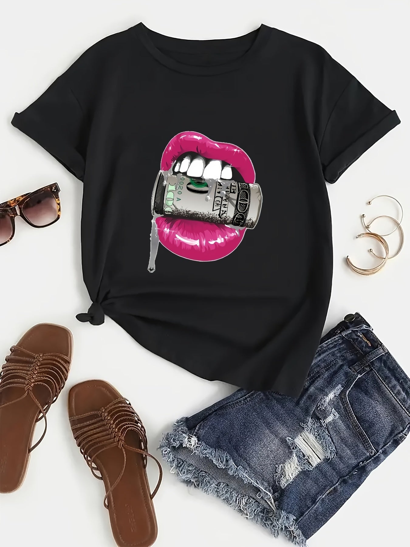 Money Lips Print T-Shirt, Short Sleeve Crew Neck Casual Top For Spring & Summer, Women's Clothing