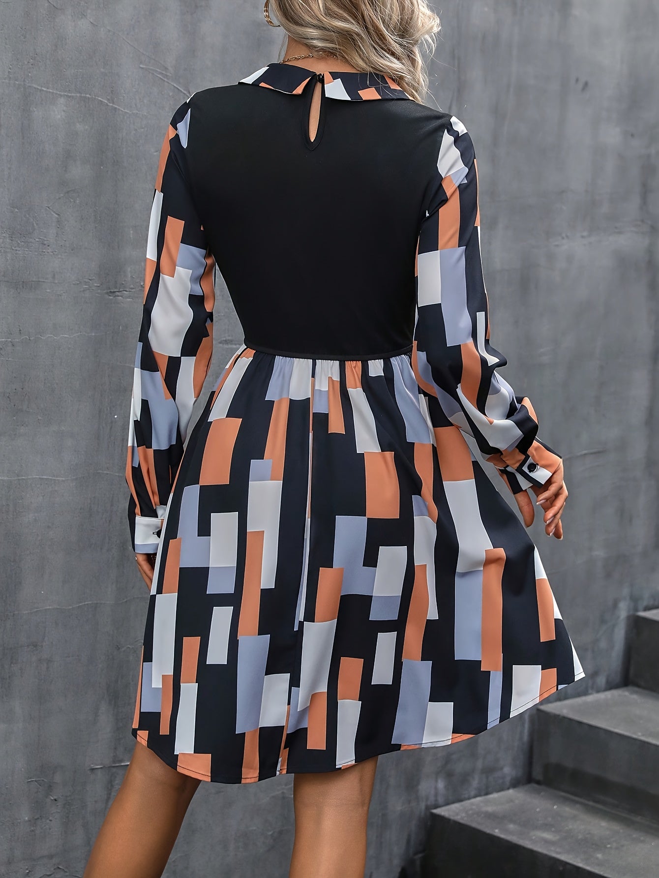 Geo Print Color Block Dress, Elegant Button Decorate Long Sleeve Dress, Women's Clothing