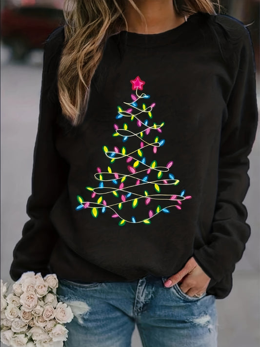 Christmas Tree Print T-shirt, Casual Long Sleeve Crew Neck Top For Spring & Fall, Women's Clothing