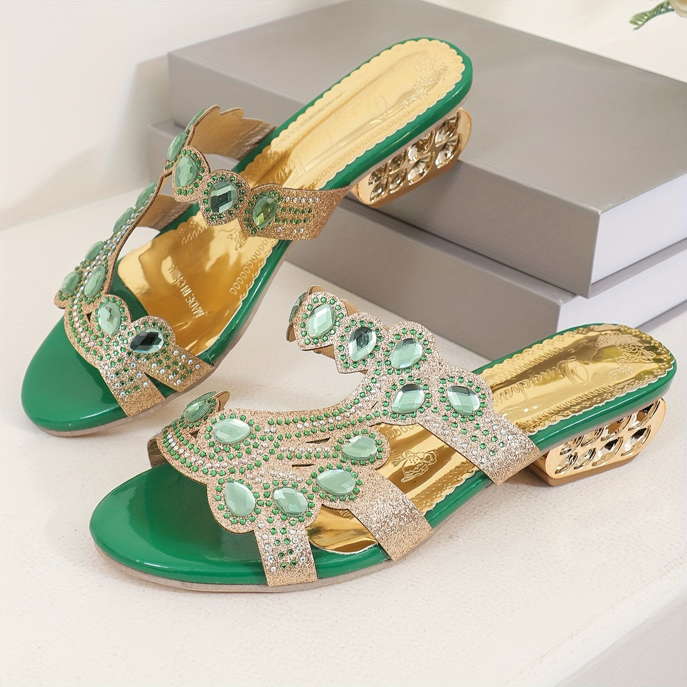 Women's Glitter Rhinestone Decor Sandals, Slip On Comfort Dressy Block Heels, Casual Party Summer Slides