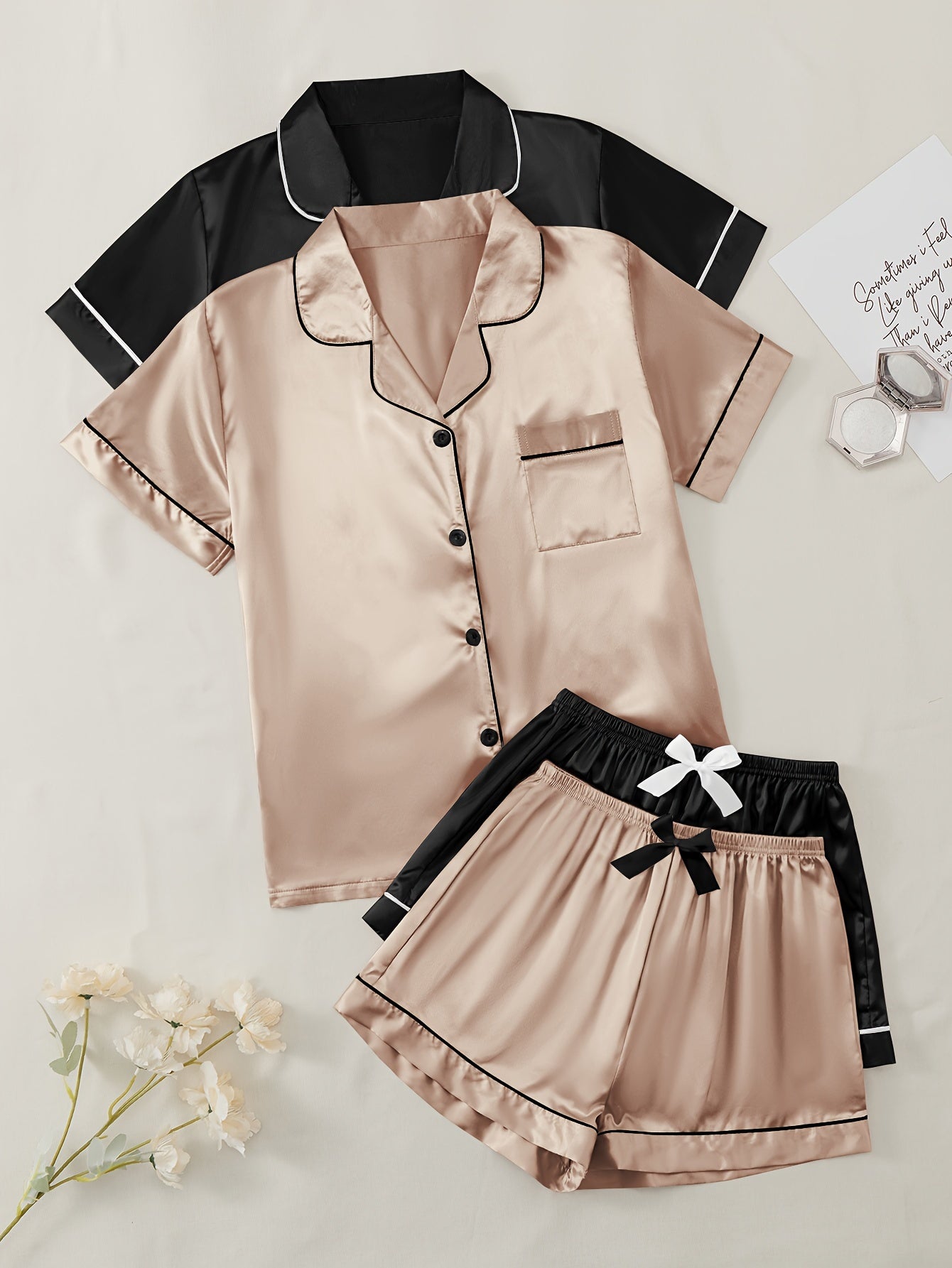 2 Sets Solid Satin Pajamas Set, Short Sleeve Lapel Buttons Top & Bow Shorts, Women's Sleepwear & Loungewear