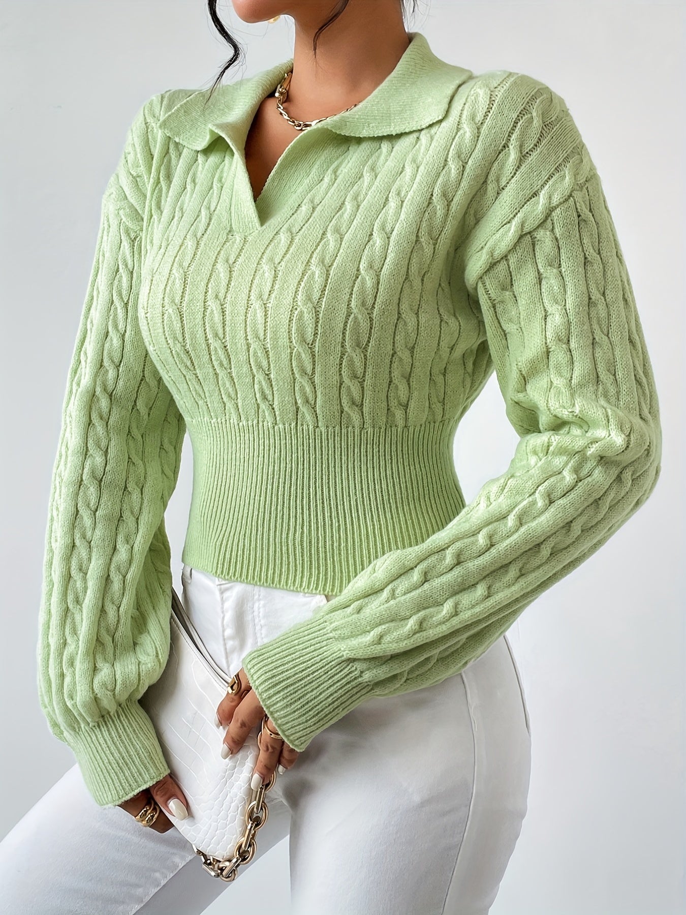 Twist Textured V Neck Knitted Top, Casual Long Sleeve Sweater For Fall & Winter, Women's Clothing