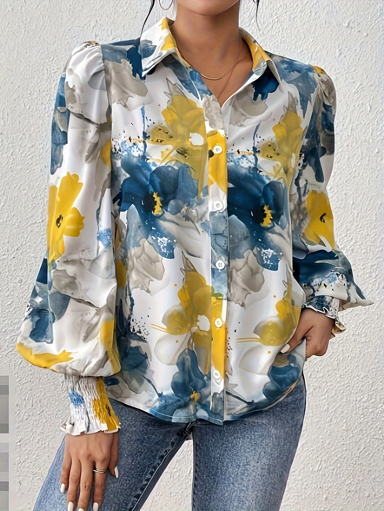 Floral Print Button Front Shirt, Elegant Lapel Neck Shirred Long Sleeve Shirt For Every Day, Women's Clothing