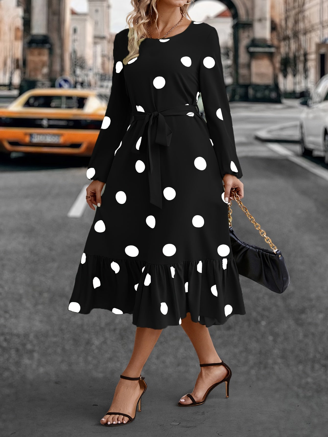 Plus Size elegant Dress, Women's Plus Dot Print Long Sleeve Round Neck Ruffle Trim Midi Dress With Belt