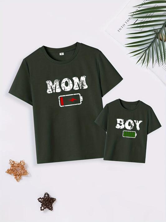 Low Battery Mom & Full Battery Boy Matching T-shirts for Stylish Family, Perfect for Summer Fun