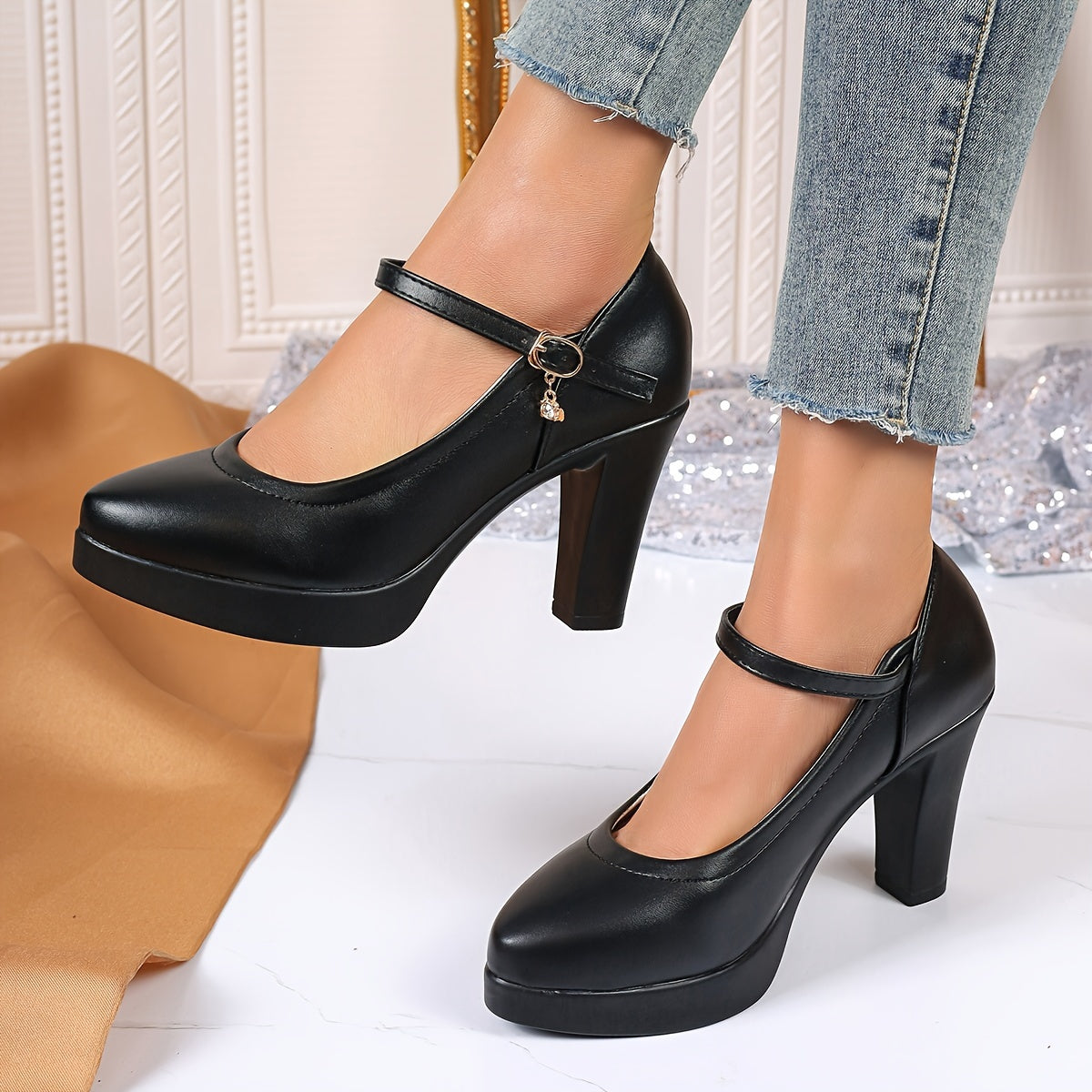 Women's Solid Color High Heels, Fashion Point Toe Dress Pumps, Stylish Buckle Strap Heels