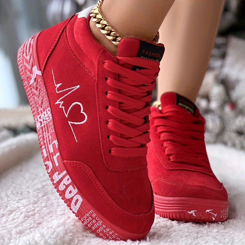 Women's Heart Design Casual Sneakers, Lace Up Soft Sole Platform Comfy Skate Shoes, Low-top Valentine's Day Shoes