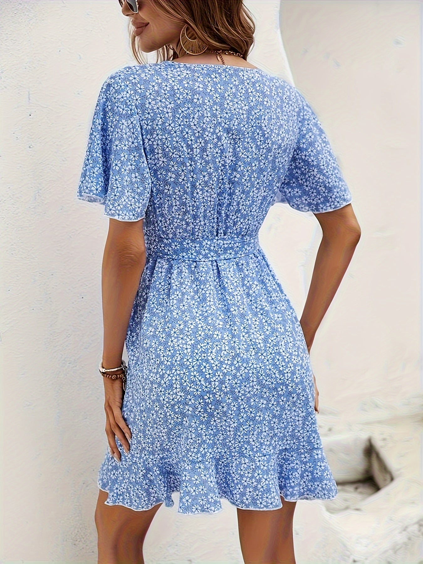 Floral Print Wrap Tied Dress, Casual Short Sleeve Surplice Neck A-line Dress, Women's Clothing