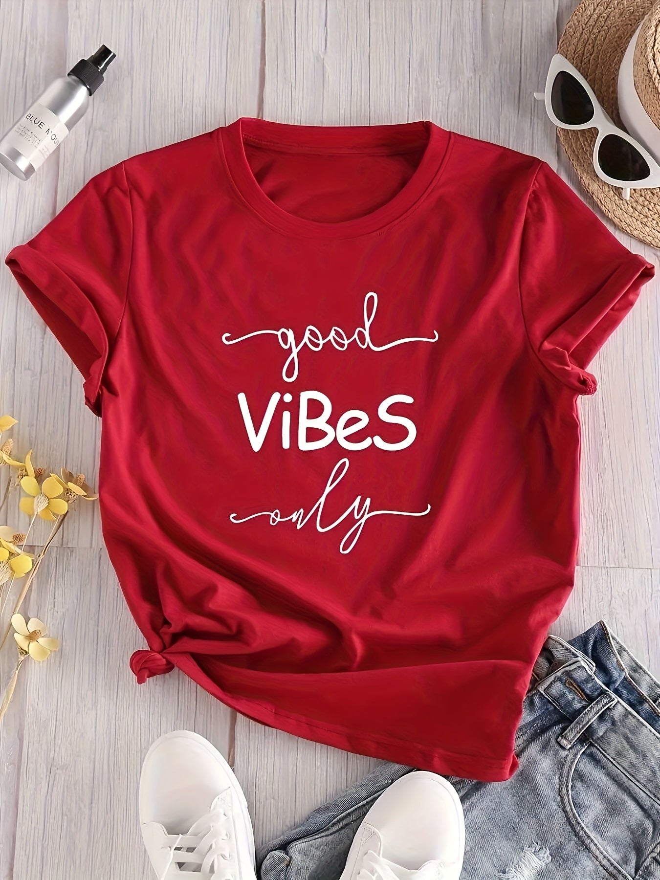 Good Vibes Letter Print T-shirt, Maglietta Casual A Girocollo A Maniche Corte, Abbigliamento Da Donna