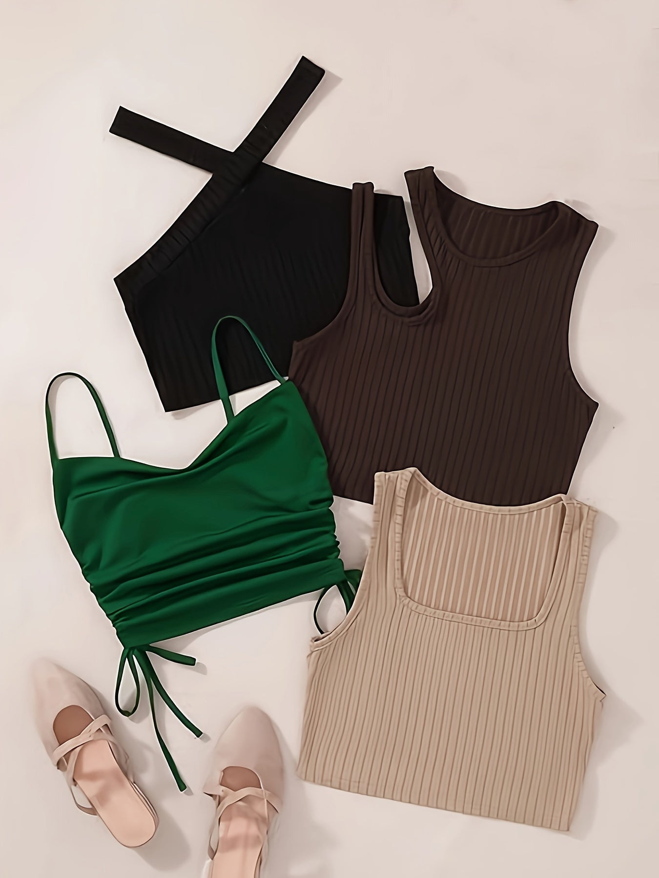 Solid Color Crop Top 4 Packs, Spaghetti Strap Drawstring Top & Cut Out Tank Top & Halter Neck Top & Square Neck Tank Top For Summer, Women's Clothing