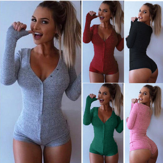 Cross-border women's clothing 2021 foreign trade new style AliExpress autumn v-neck button thread long-sleeved tight-fitting jumpsuit women