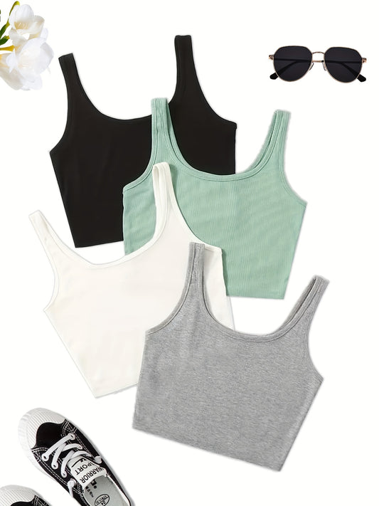 4 Pcs Set Crop Tank Top, Casual Basic High Stretch Summer Workout Yoga Gym Tank Top, Women's Clothing