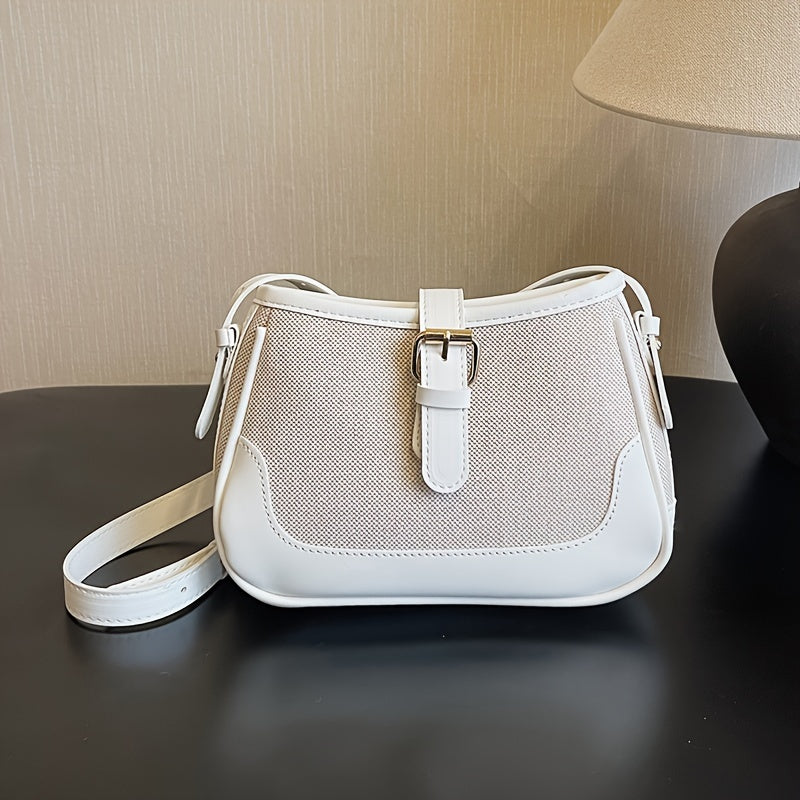Color Contrast Crossbody Bag, Trendy Buckle Shoulder Purse, Women PU Leather Stitching Handbag