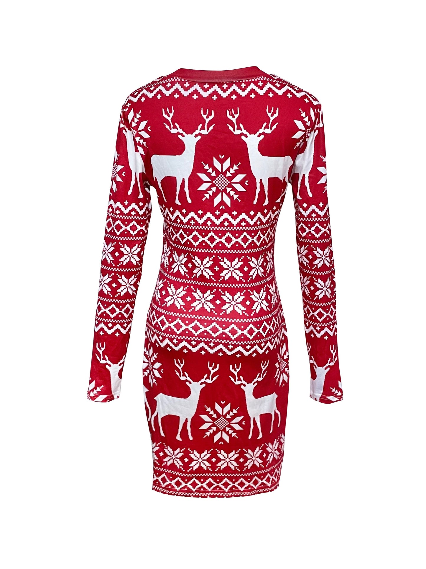 Christmas Deer Print Bodycon Dress, Casual Crew Neck Long Sleeve Mini Dress, Women's Clothing