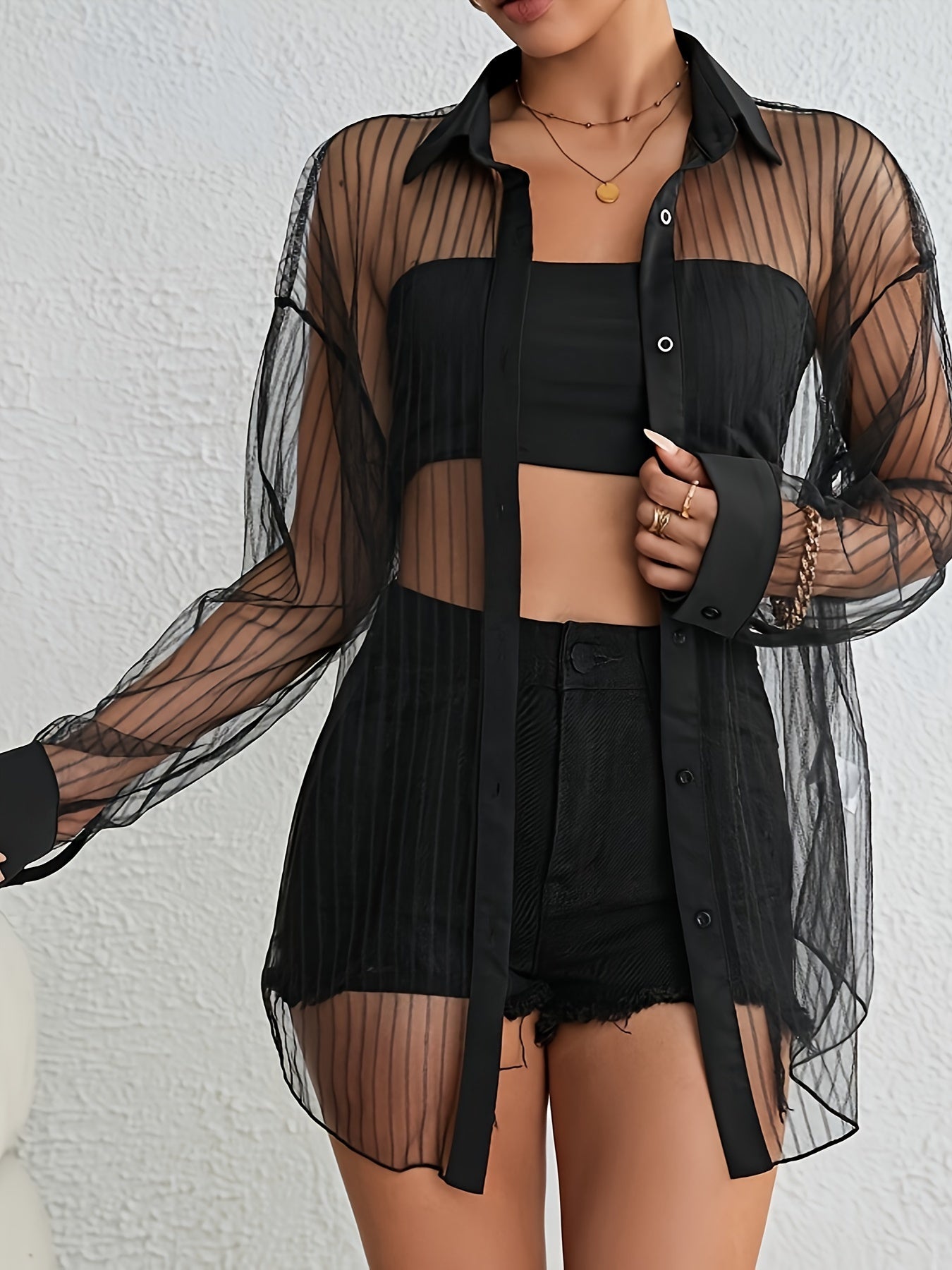 Solid Color Elegant Top Set, See Through Long Sleeve Drop Shoulder Collared Button Up Oversized Shirt & Slim Crop Tube Top Outfits, Women's Clothing