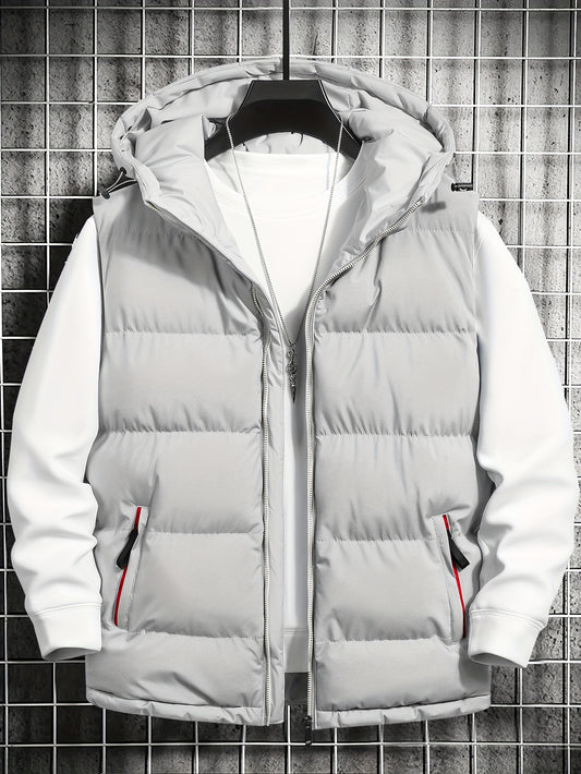 Warm Hooded Winter Vest, Men's Casual Zipper Pockets Zip Up Vest Jacket For Fall Winter