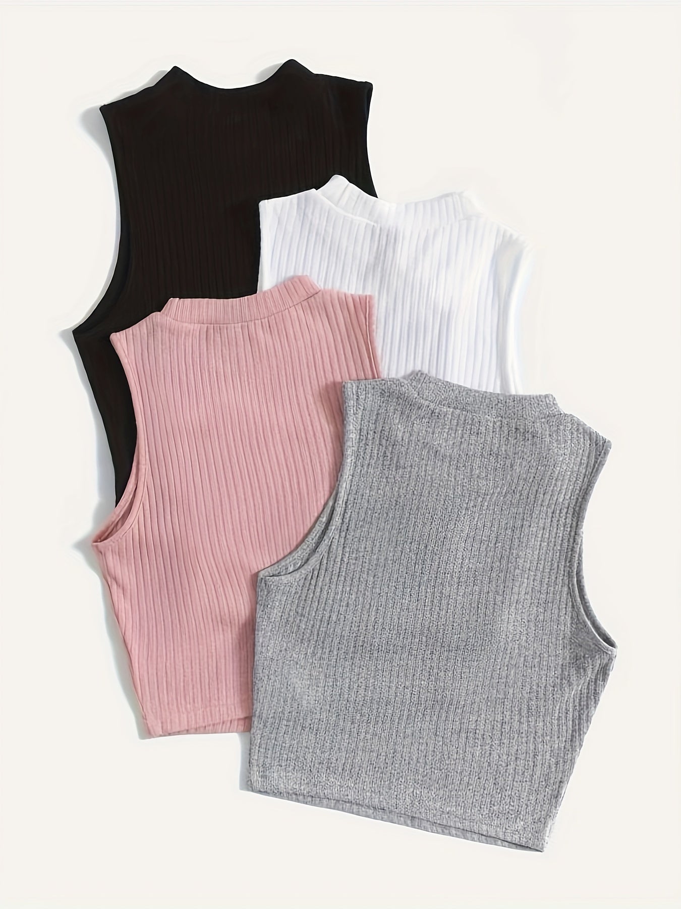 Solid Crew Neck Rib Knit Top 4 Pack, Elegant Sleeveless Tank Top, Women's Clothing