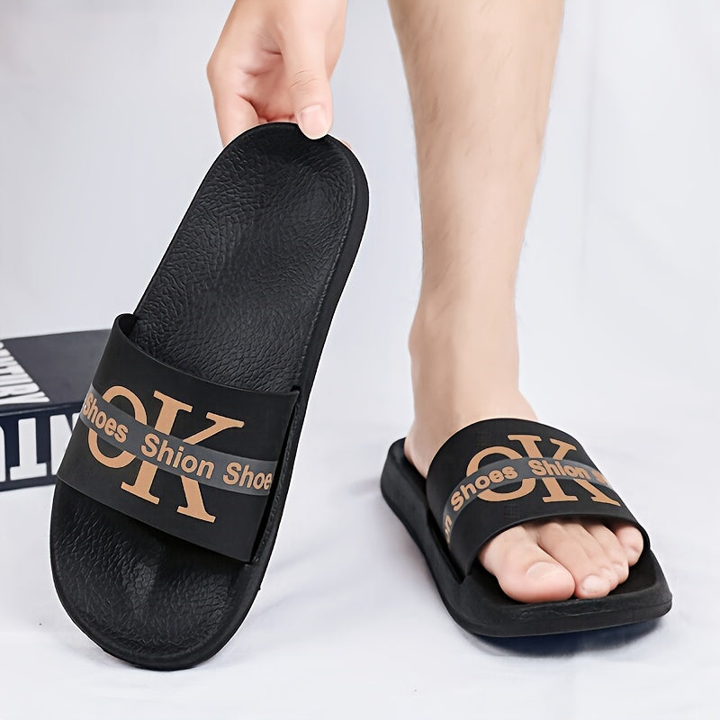 Men's Alphabet Print Fashion Summer Slides, Non Slip Quick-drying Open Toe Slippers For Indoor Outdoor Walking And Shower