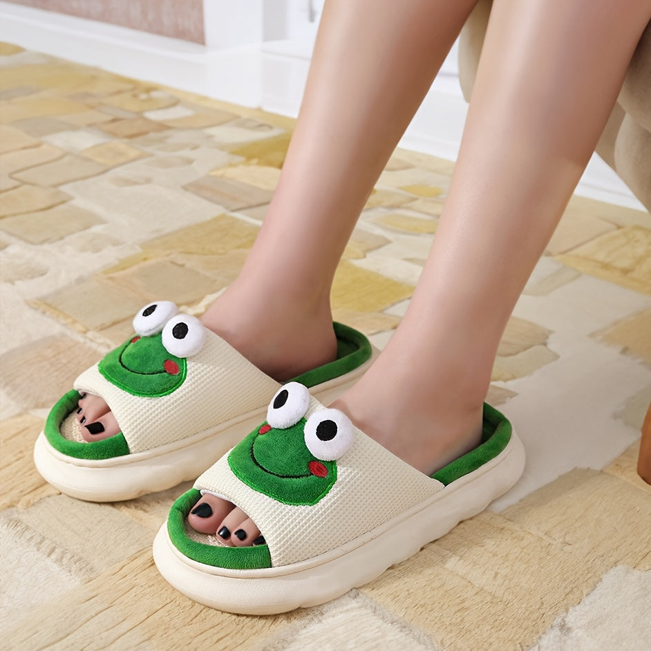 Cute Cartoon Frog Linen Slippers, Breathable Soft Sole Open Toe Platform Shoes, Comfy Indoor Slippers