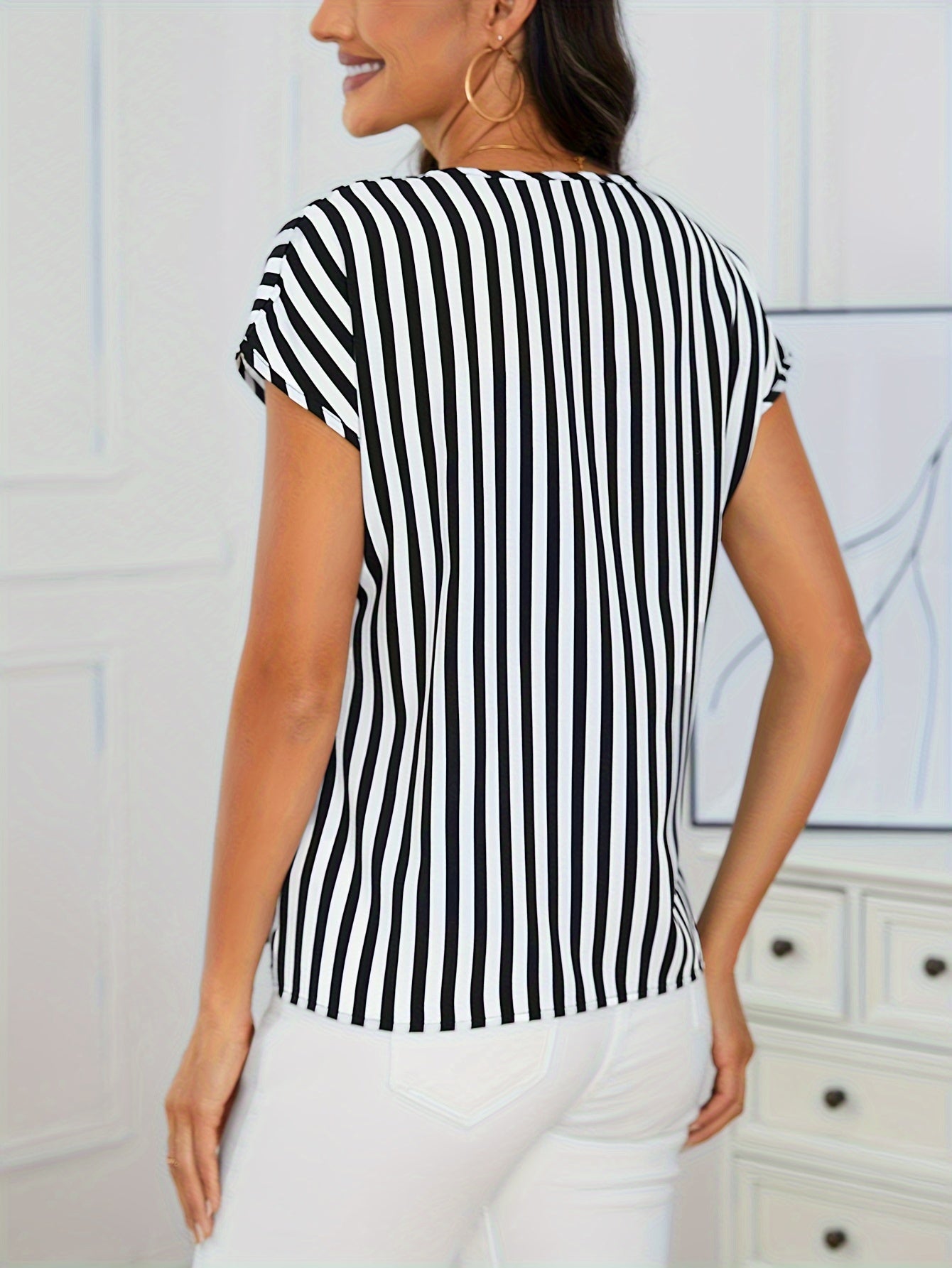 Stripe Print Surplice Neck Blouse, Casual Short Sleeve Blouse For Spring & Summer, Women's Clothing