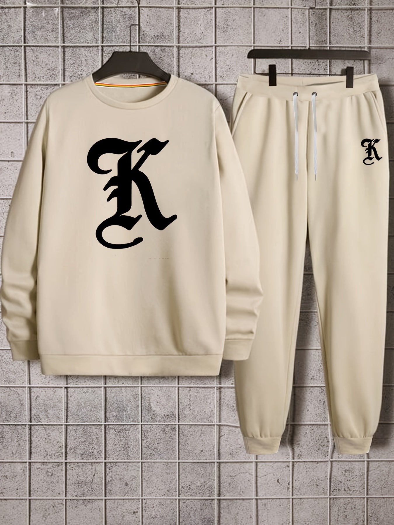 Men's Creative Letter Graphic Print Round Neck Casual Outfit Set, 2 Pieces Long Sleeve Pullover Sweatshirt And Drawstring Sweatpants