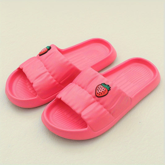 Women's Cute Fruit & Butterfly Decor Slides, Pleated Design Solid Color Soft Sole Shoes, Lightweight Home Bathroom Slides