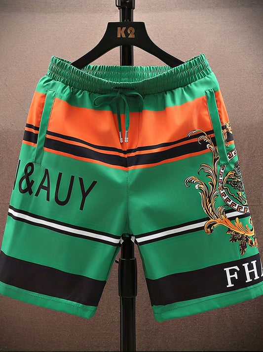 Graphic Pattern Letter Print Striped Quick Drying Beach Shorts, Men's Casual Waist Drawstring Shorts For Summer Resort