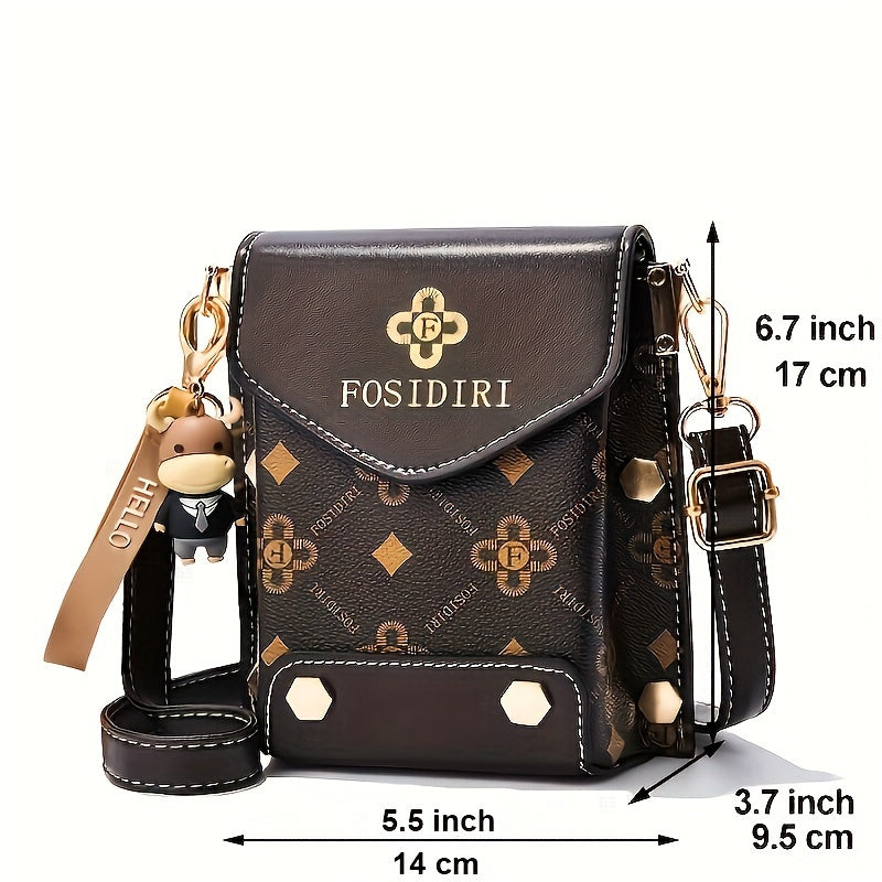 Mini Flap Crossbody Phone Bag, Letter Print Shoulder Bag, Women's Studded Decor Square Purse (4.7*6.7*3.7) Inch