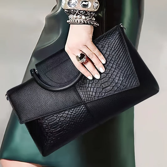 Crocodile Pattern Handbag, Luxury PU Leather Crossbody Bag, Women's Top Handle Clutch Purse