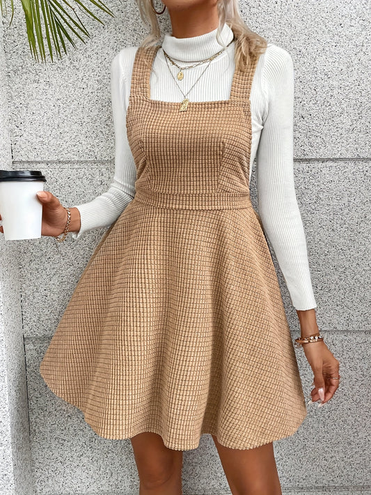 Solid Color Shirred Waist Cami Dress, Elegant Criss Cross Back Long Sleeve Dress For Every Day, Women's Clothing
