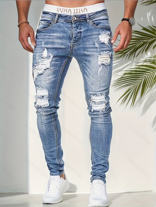 Slim Fit Ripped Jeans, Men's Casual Street Style Distressed Medium Stretch Denim Pants