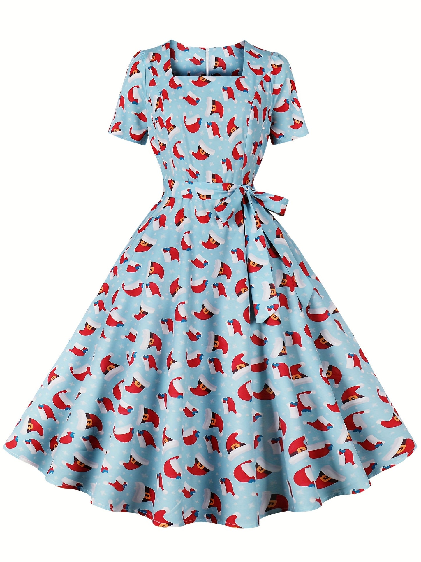 Christmas Santa Print A Line Dress, Casual Squared Neck Short Sleeve Party Dress, Women's Clothing