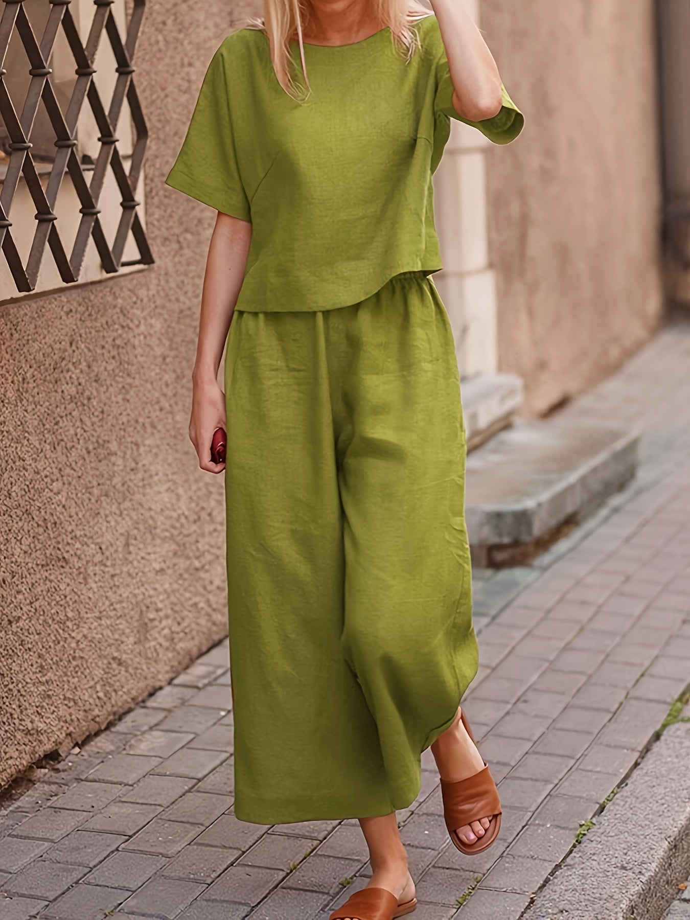 Solid Two-piece Set, Crew Neck Casual T-Shirt & Wide Leg Pants, Women's Clothing