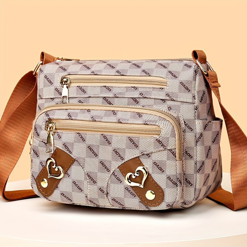 Fashion Plaid Pattern Crossbody Bag, Borsa A Tracolla In Pelle Sintetica Decorata Con Cuore, Multi Tasche Da Donna